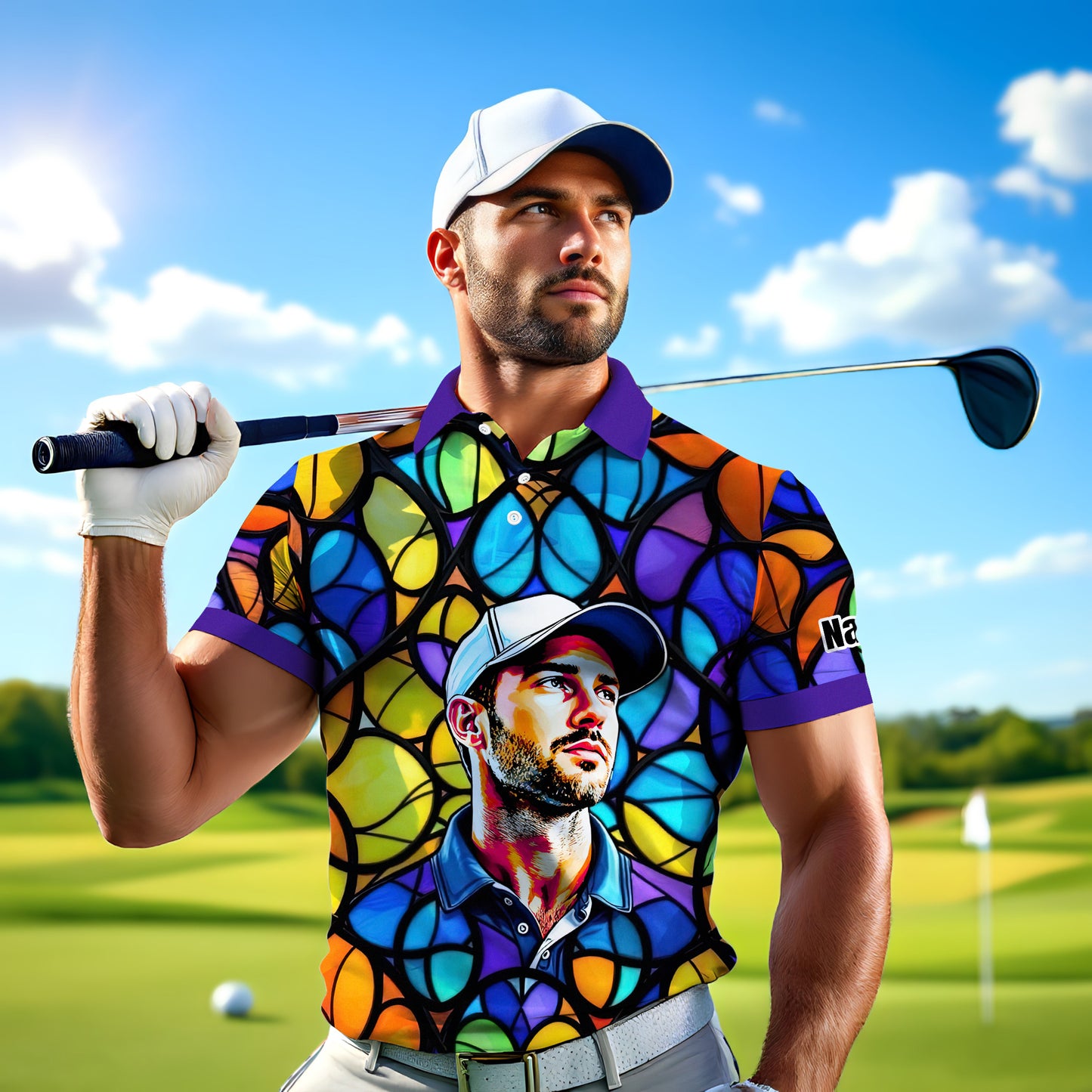 Custom Face Golf Polo Shirt – Personalized Stained Glass Art Shirt, Unique Golf Gift for Him, Colorful Abstract Golf Polo, Custom Sportswear