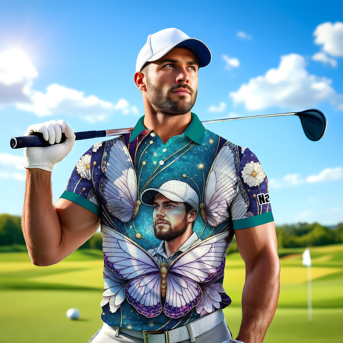 Custom Face Butterfly Golf Polo Shirt – Personalized Spring Mirage Art Style – Unique Gift for Him, Nature Inspired Men's Shirt Style 7