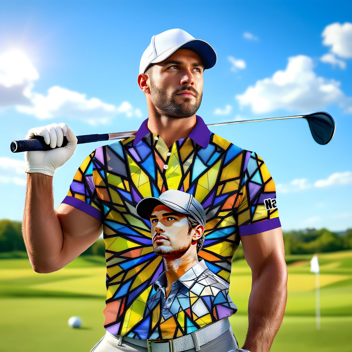 Custom Face Golf Polo Shirt – Personalized Stained Glass Art Shirt, Unique Golf Gift for Him, Colorful Abstract Golf Polo, Custom Sportswear