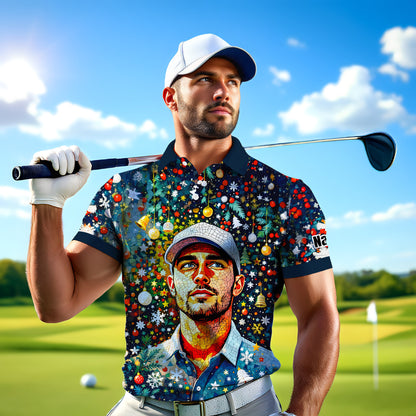 Personalized Christmas Golf Polo Shirt with Your Face – Custom Photo Holiday Shirt – Unique Mosaic Art Xmas Gift for Men, Custom Golf Apparel Style 5