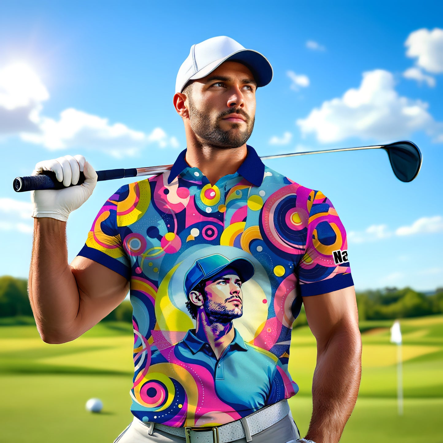 HomyGifts Custom Face Polo Shirt – Personalized Abstract Geometric Art Photo Shirt, Unique Gift for Him & Her