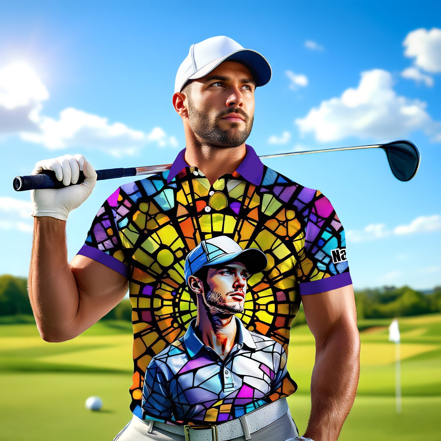 Custom Face Golf Polo Shirt – Personalized Stained Glass Art Shirt, Unique Golf Gift for Him, Colorful Abstract Golf Polo, Custom Sportswear