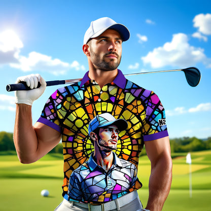 Custom Face Golf Polo Shirt – Personalized Stained Glass Art Shirt, Unique Golf Gift for Him, Colorful Abstract Golf Polo, Custom Sportswear