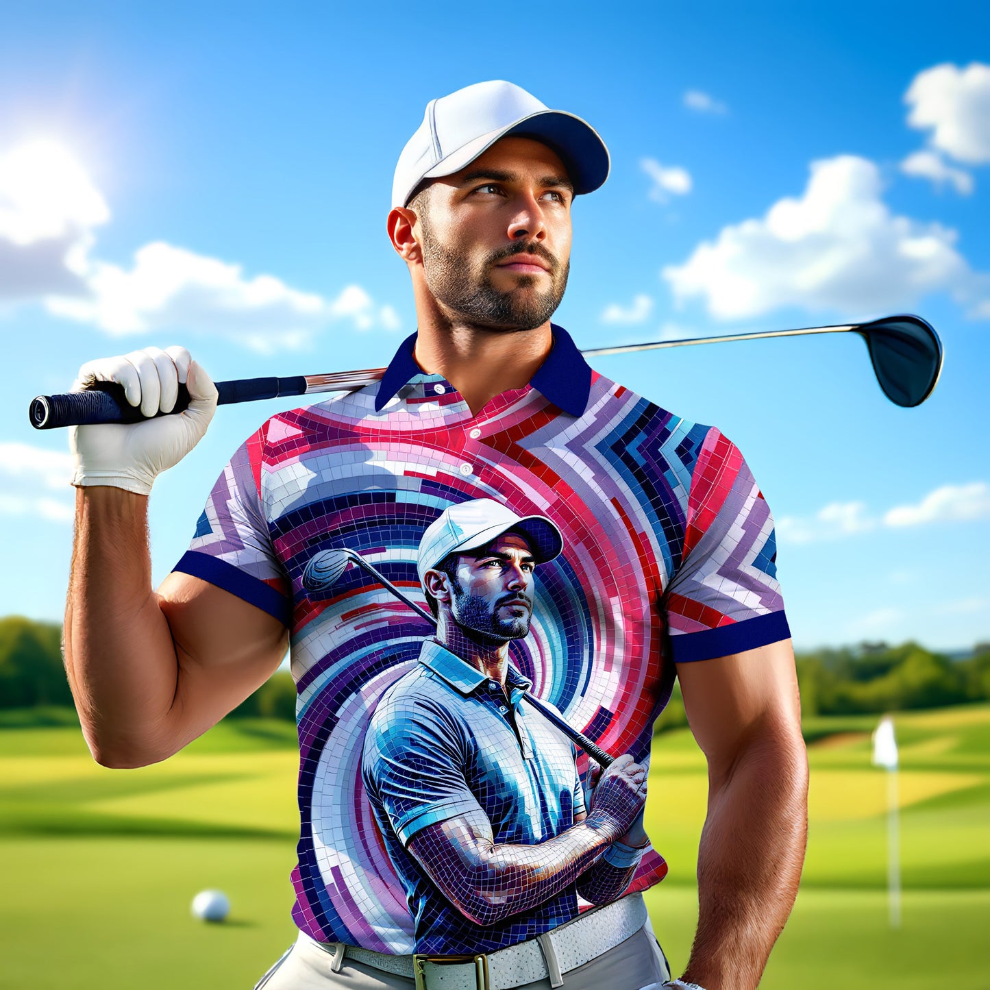 HomyGifts Men's Customized Face Artistic Golf Polo Shirt, Mosaic Art Style, Unique Personalized Golf Polo For Men Style 9