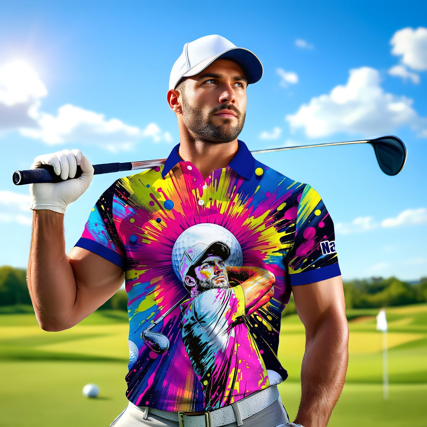 HomyGifts Men's Customized Face Artistic Golf Polo Shirt, Personalized Pop Art Golf Polo, Portrait Gift for Golfers Style 18