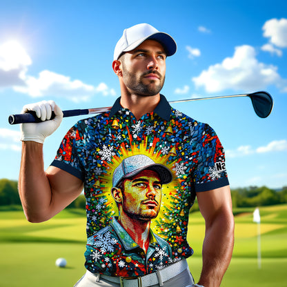 Personalized Christmas Golf Polo Shirt with Your Face – Custom Photo Holiday Shirt – Unique Mosaic Art Xmas Gift for Men, Custom Golf Apparel Style 4