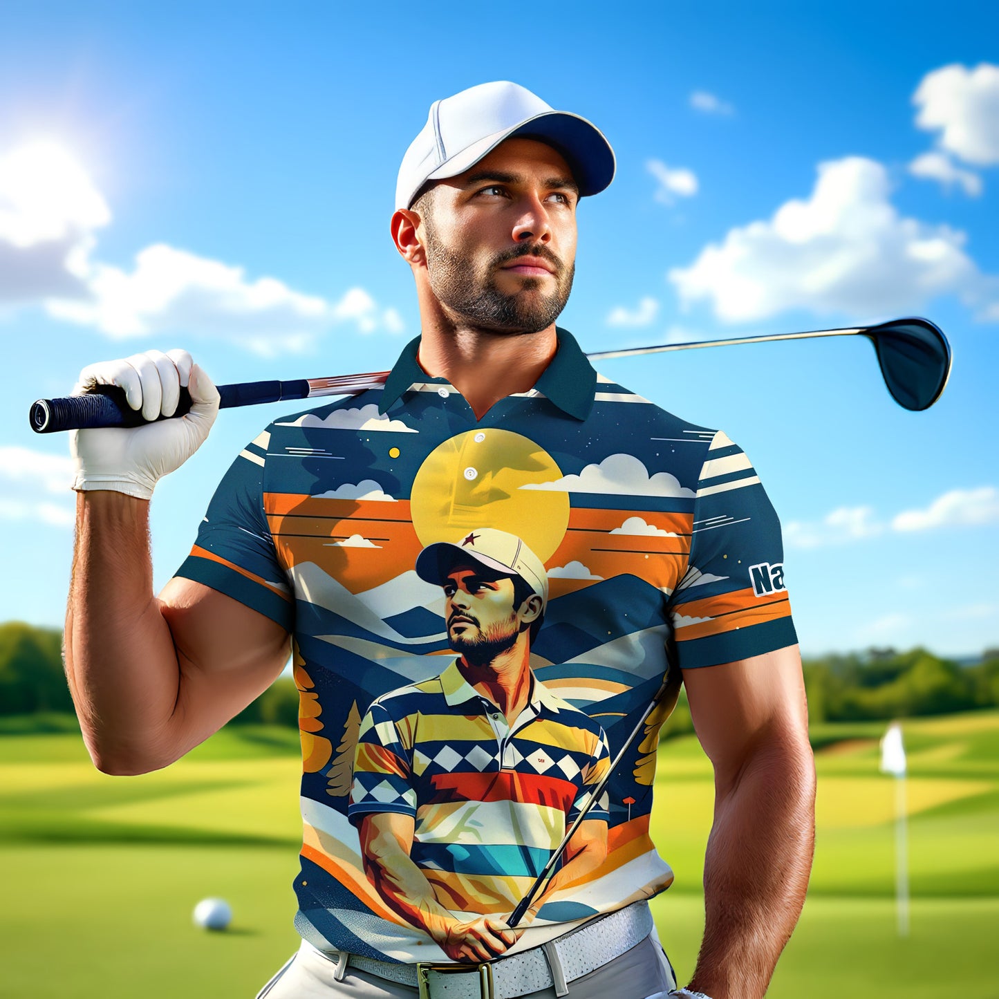 Custom Vintage Americana Golf Polo with Your Face - Retro Personalized Gift for Men Style 6