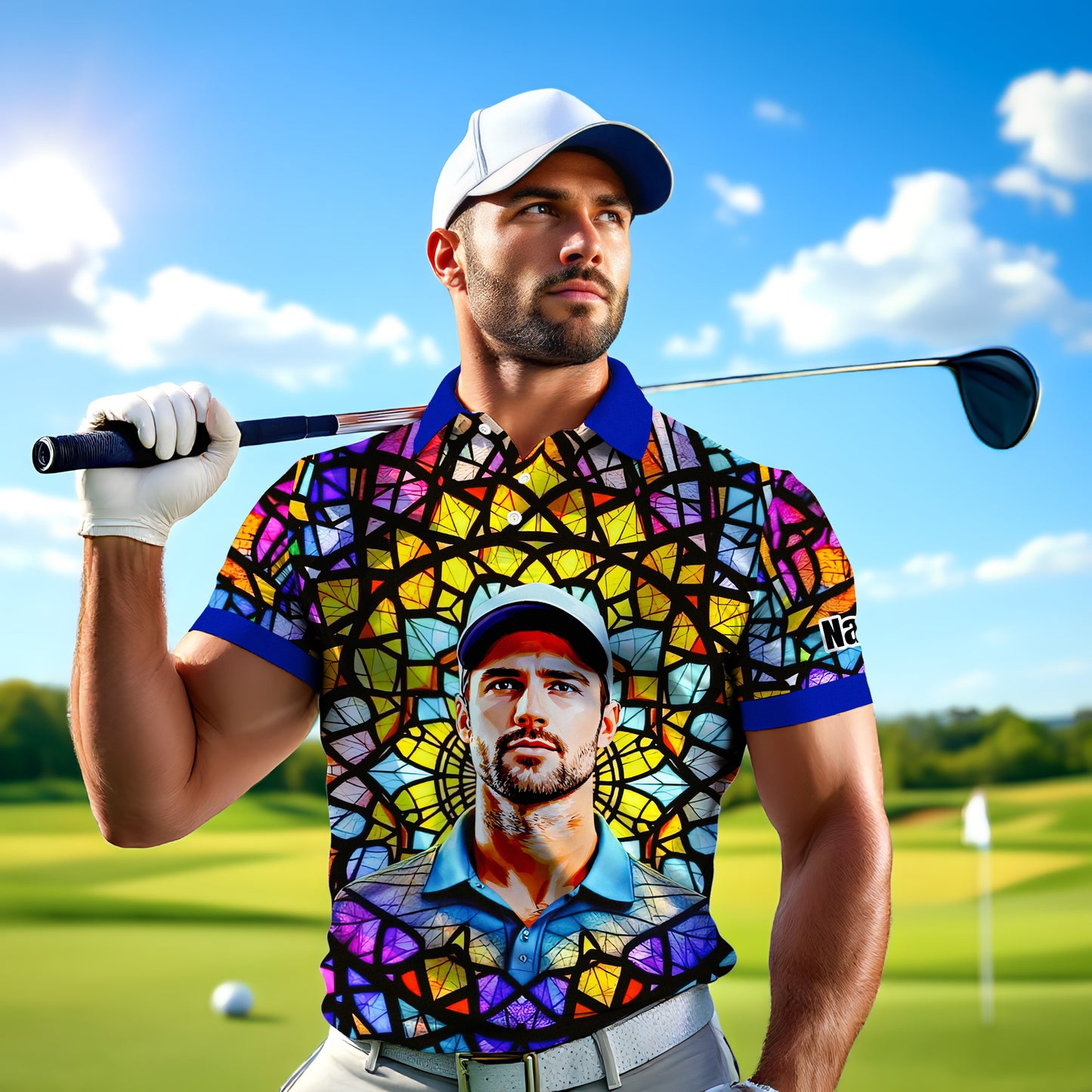 Custom Face Golf Polo Shirt – Personalized Stained Glass Mandala Style Polo, Unique Gift for Men & Women, Vibrant Artistic Golf Shirt, Custom Photo Polo