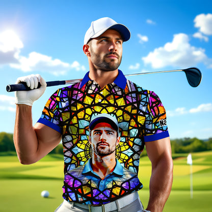 Custom Face Golf Polo Shirt – Personalized Stained Glass Mandala Style Polo, Unique Gift for Men & Women, Vibrant Artistic Golf Shirt, Custom Photo Polo