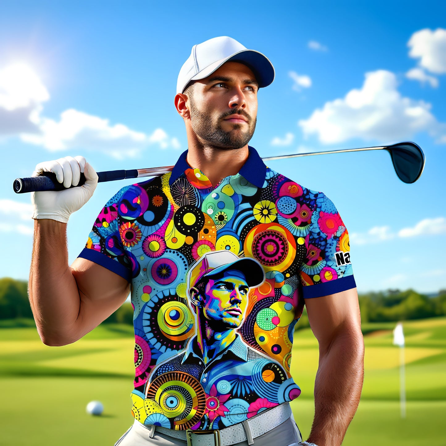 HomyGifts Custom Face Polo Shirt – Personalized Abstract Geometric Art Photo Shirt, Unique Gift for Him & Her