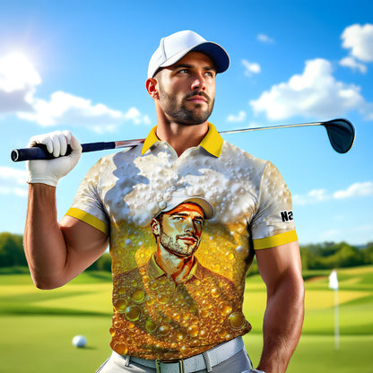 HomyGifts Men's Customized Face Artistic Golf Polo Shirt, Beer pattern Design, Special Gift for Beer & Golf Lovers, Summer Party Outfit, Unique Gift for Men Style 7