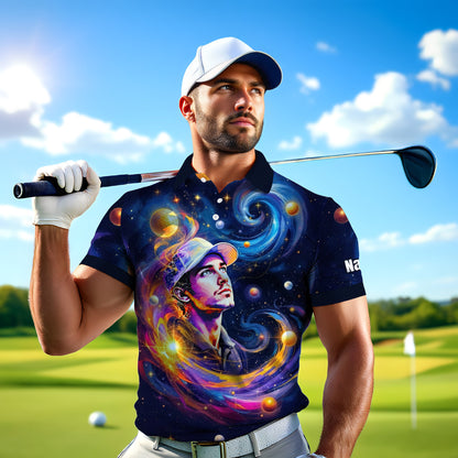 Custom Cosmic Portrait Polo Shirt – Personalized Surreal Galaxy Art with Your Face | Unique Gift for Golfers, Sports & Astrology Fans Style 3