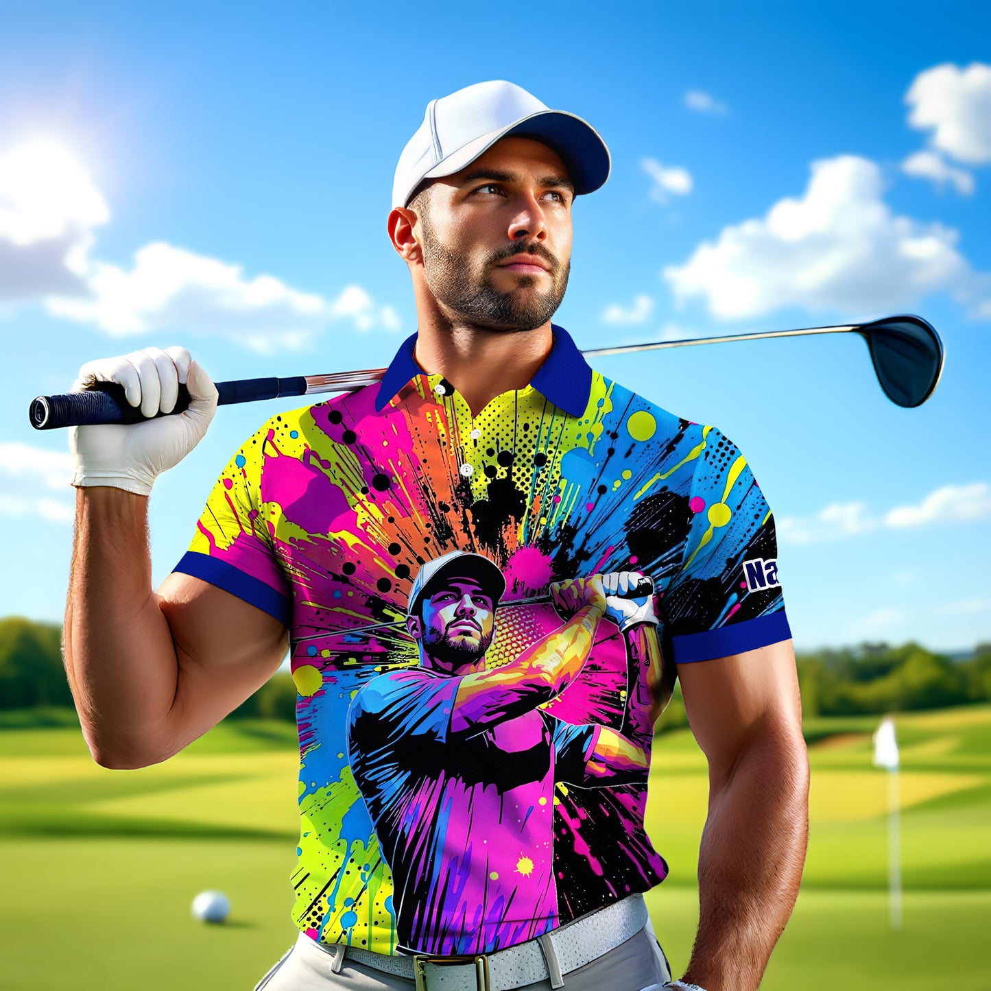 HomyGifts Men's Customized Face Artistic Golf Polo Shirt, Personalized Pop Art Golf Polo, Portrait Gift for Golfers Style 20