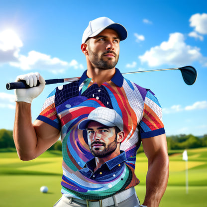 HomyGifts Men's Customized Face Artistic Golf Polo Shirt, Mosaic Art Style, Unique Personalized Golf Polo For Men Style 6