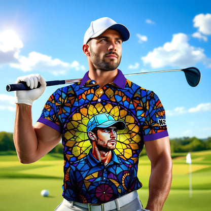 Custom Face Golf Polo Shirt – Personalized Stained Glass Art Shirt, Unique Golf Gift for Him, Colorful Abstract Golf Polo, Custom Sportswear