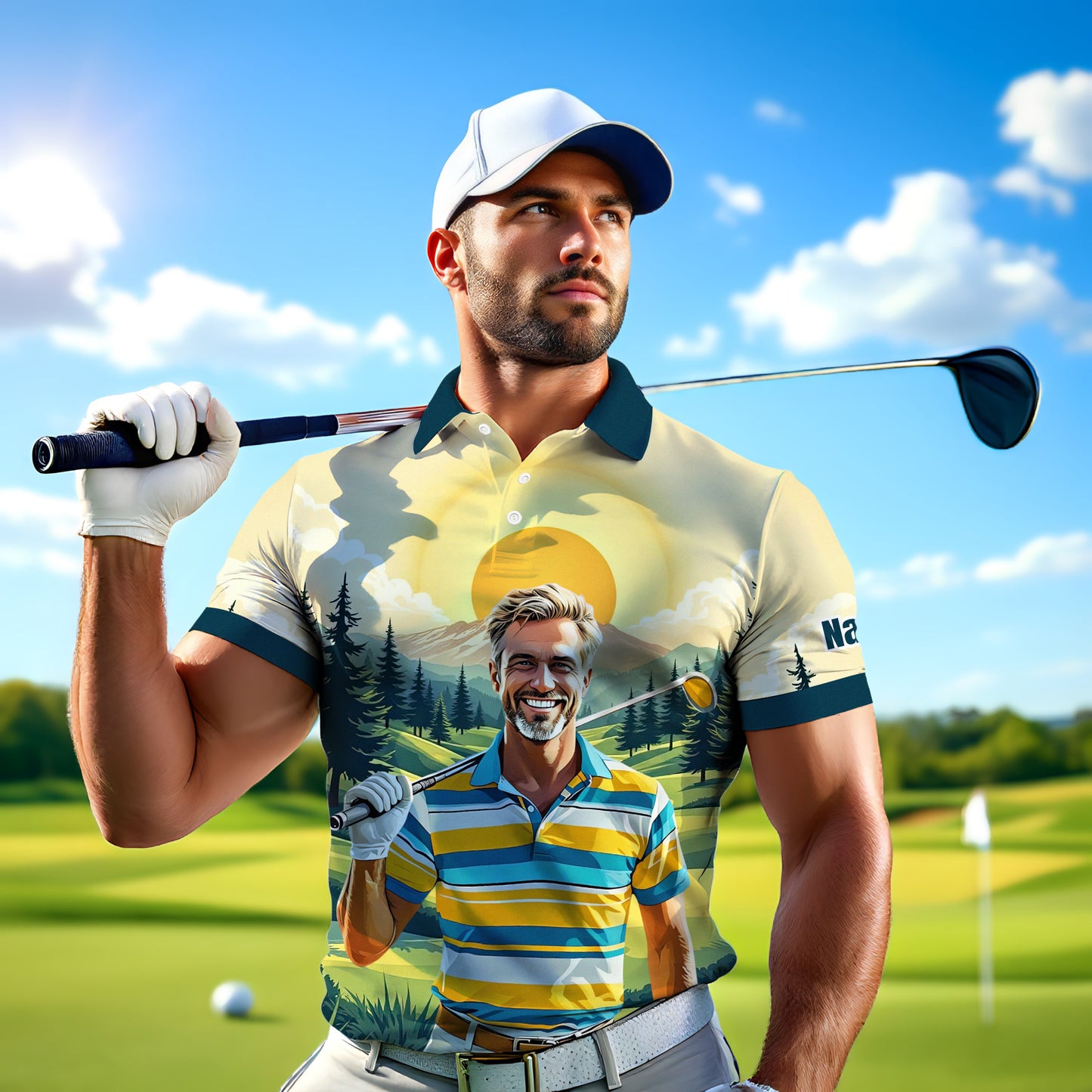 Custom Vintage Americana Golf Polo with Your Face - Retro Personalized Gift for Men Style 12
