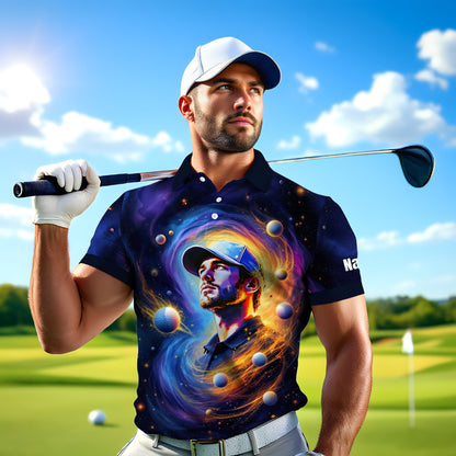 Custom Cosmic Portrait Polo Shirt – Personalized Surreal Galaxy Art with Your Face | Unique Gift for Golfers, Sports & Astrology Fans Style 4