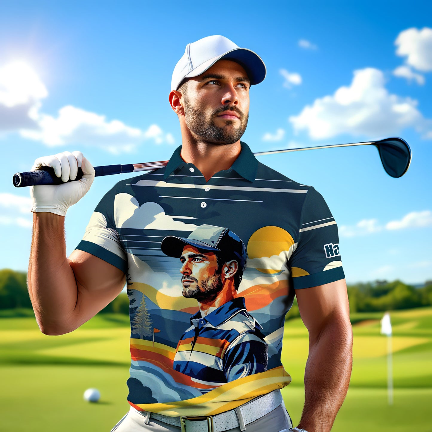 Custom Vintage Americana Golf Polo with Your Face - Retro Personalized Gift for Men Style 5