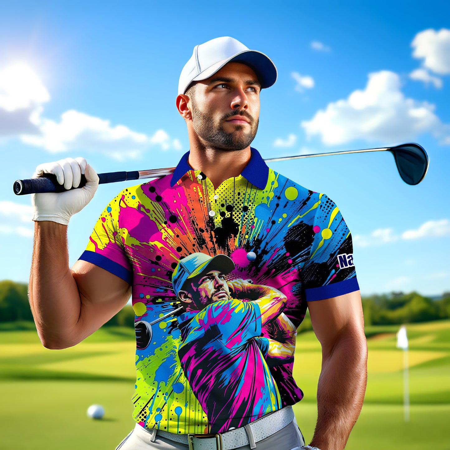 HomyGifts Men's Customized Face Artistic Golf Polo Shirt, Personalized Pop Art Golf Polo, Portrait Gift for Golfers Style 7