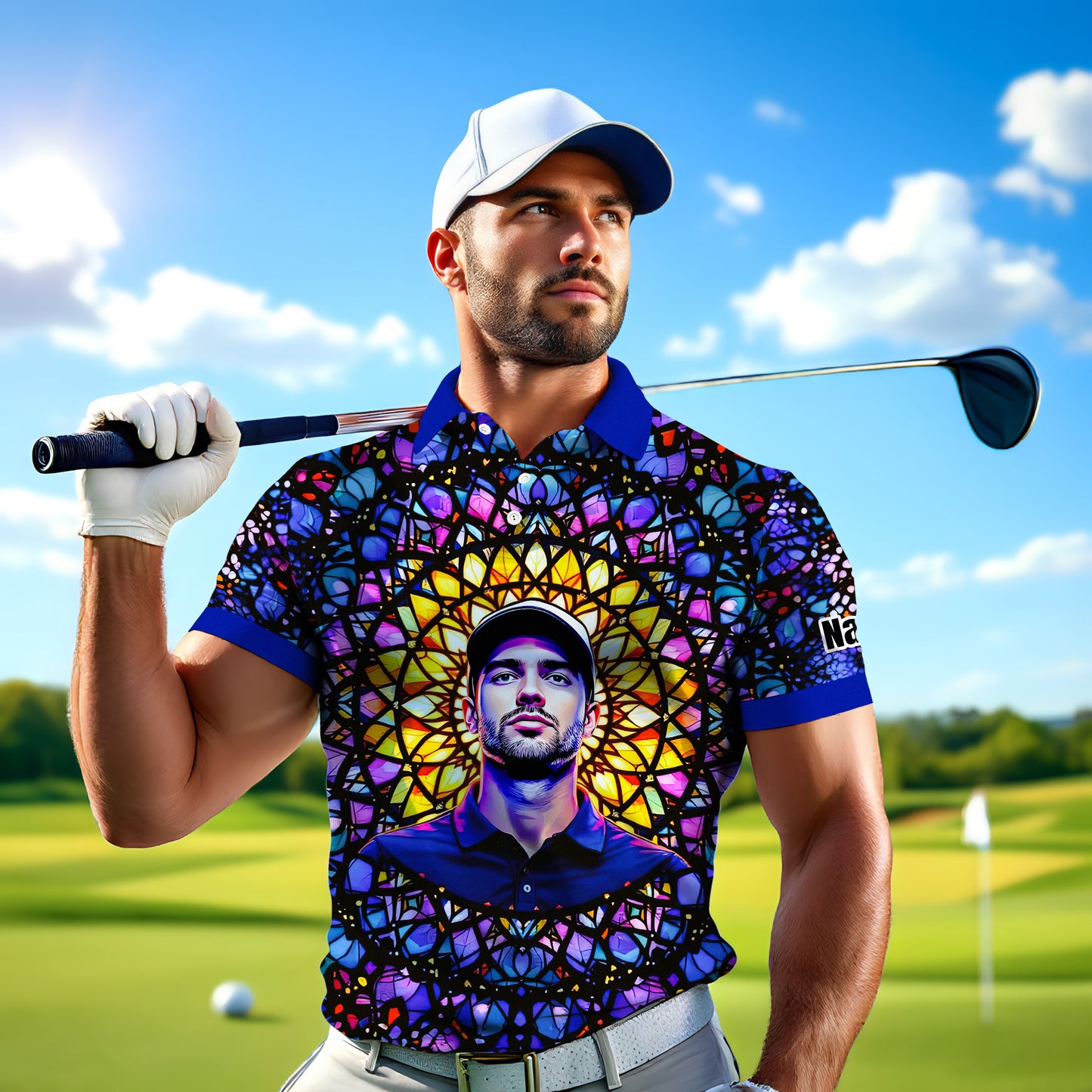 Custom Face Golf Polo Shirt – Personalized Stained Glass Mandala Style Polo, Unique Gift for Men & Women, Vibrant Artistic Golf Shirt, Custom Photo Polo