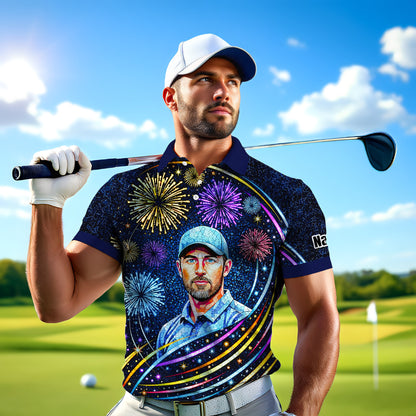Custom Face Golf Polo Shirt – New Year Fireworks Edition | Personalized Golf Polo | Unique Holiday Gift for Him 2025 Style 4