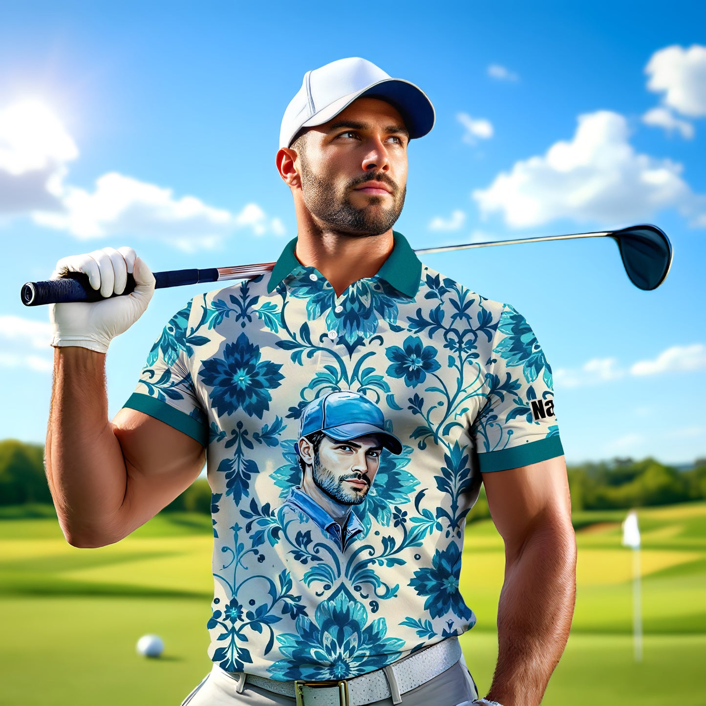 Custom Retro Pattern Art Polo Shirt – Personalized Face & Name | Vintage Floral Pattern Collared Shirt for Men Style 2