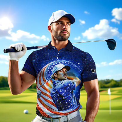 Custom Face Patriotic Golf Polo Shirt – Personalized USA Flag Design – American Pride Gift for Him – Mosaic Art Golf Shirt Style 11