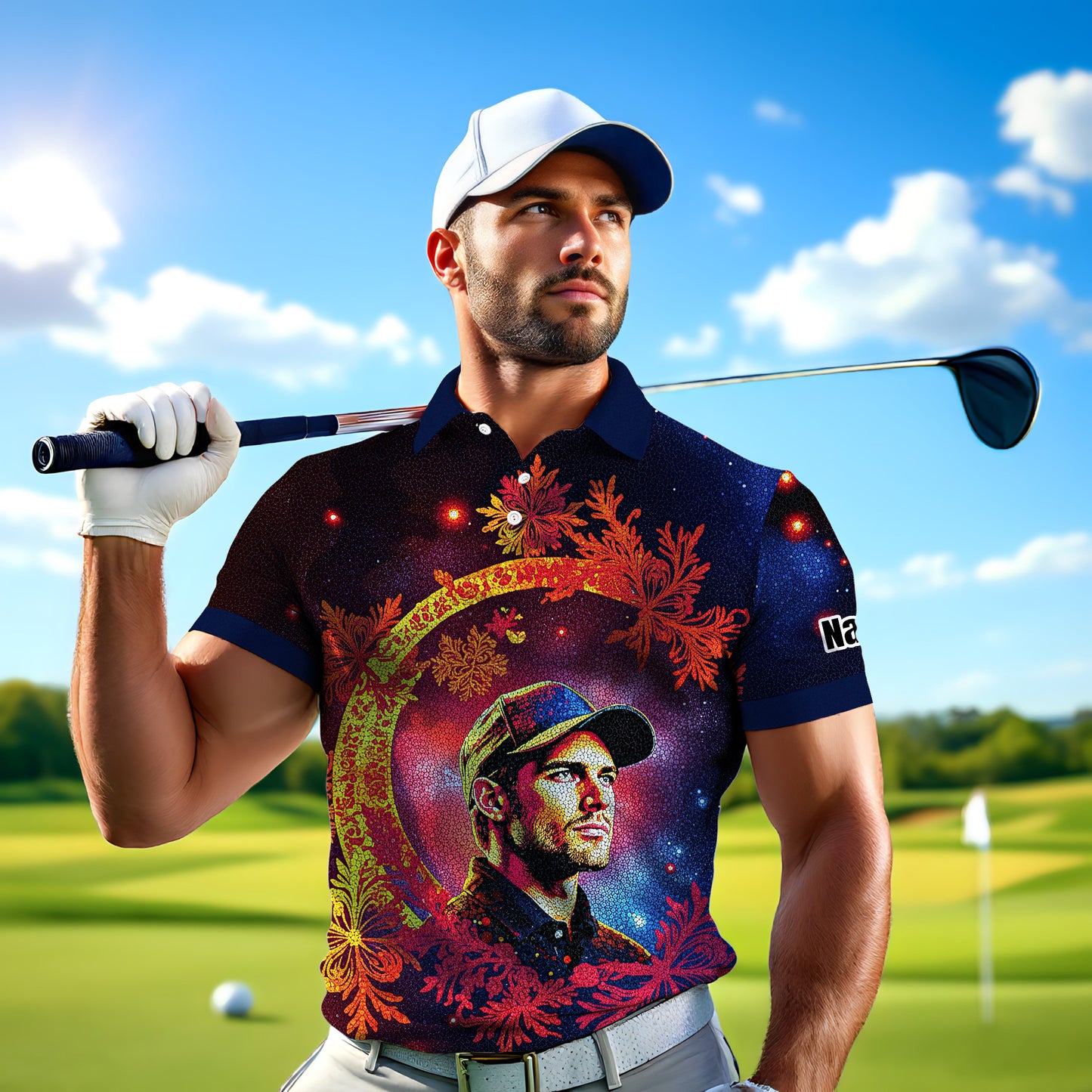 Custom Face Golf Polo Shirt – Personalized Christmas Golf Shirt for Him, Unique Holiday Gift for Golfer, Snowflake Design Golf Apparel Style 11