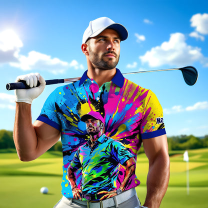 HomyGifts Men's Customized Face Artistic Golf Polo Shirt, Personalized Pop Art Golf Polo, Portrait Gift for Golfers Style 12