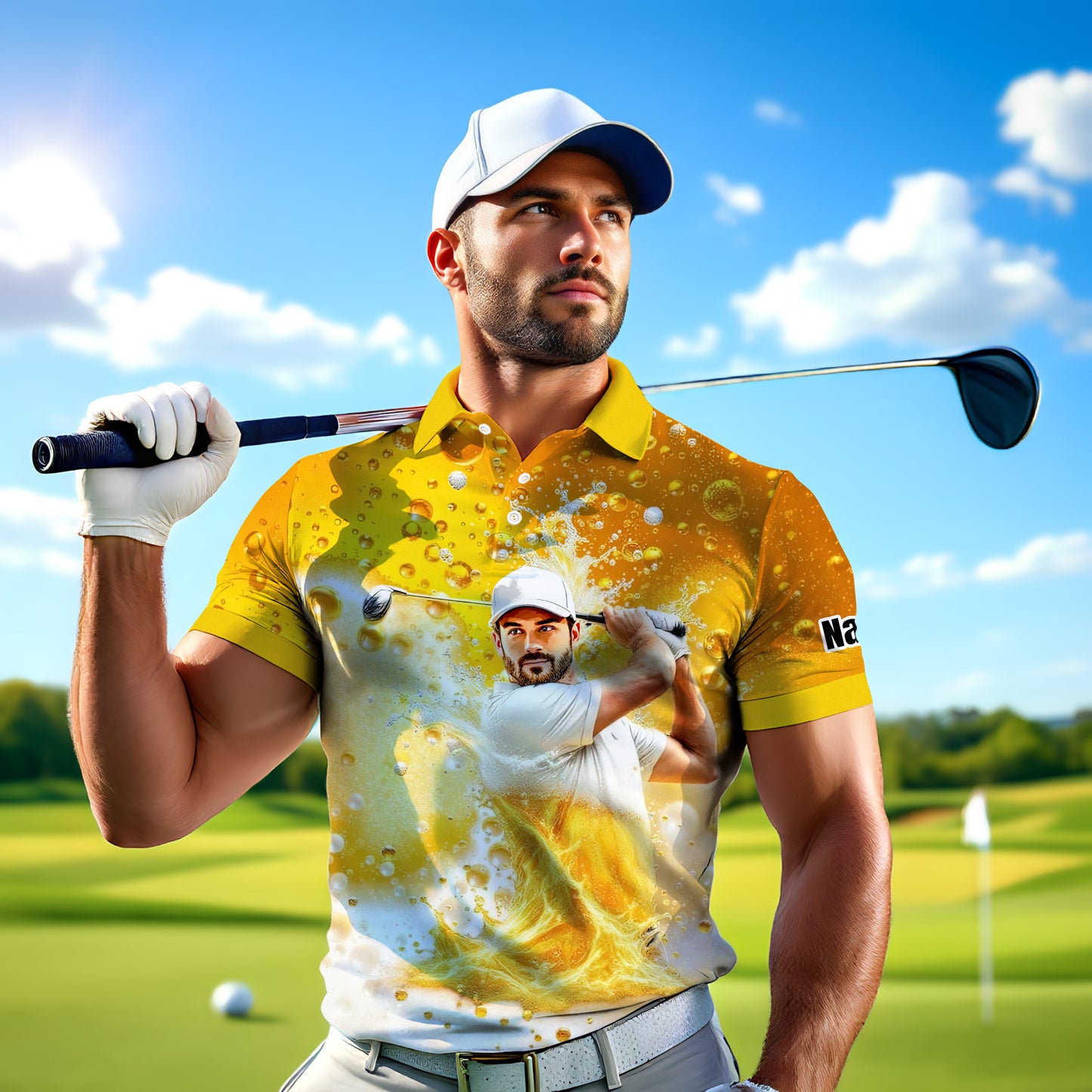 HomyGifts Men's Customized Face Artistic Golf Polo Shirt, Beer pattern Design, Special Gift for Beer & Golf Lovers, Summer Party Outfit, Unique Gift for Men Style 9
