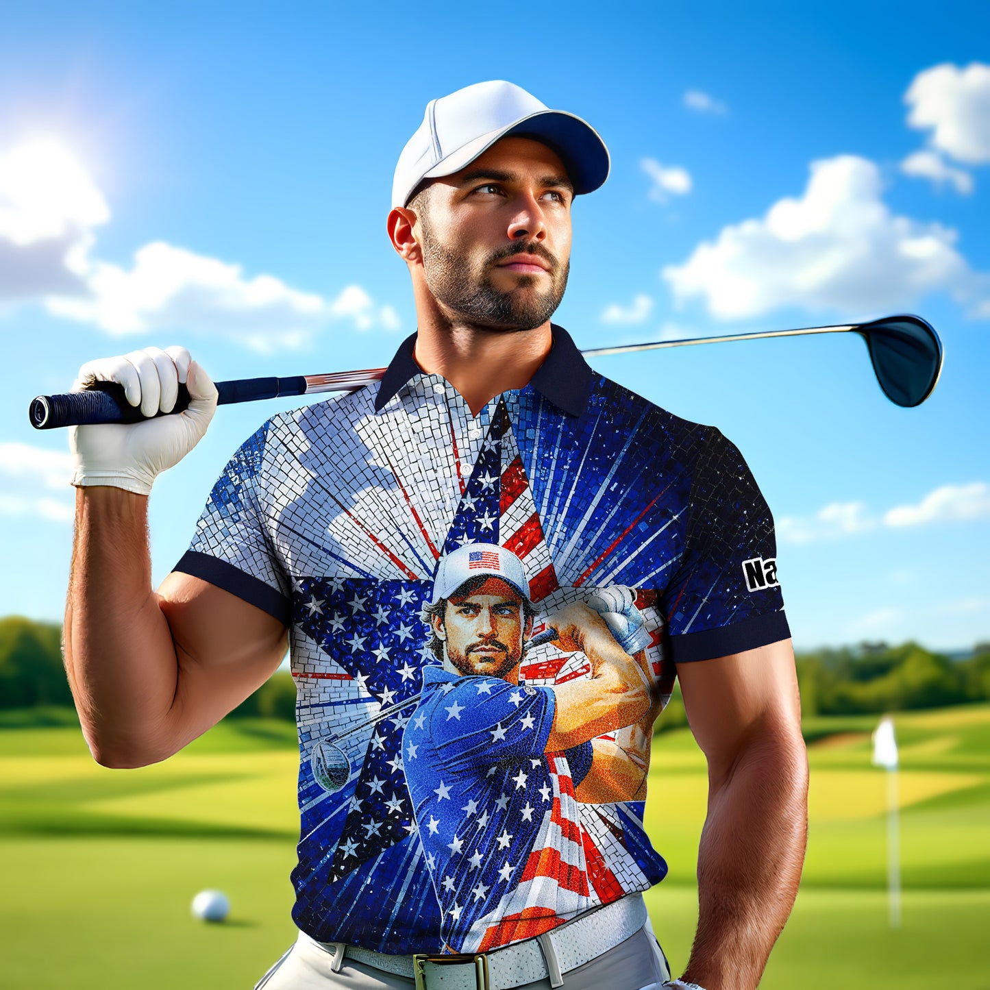 Custom Face Patriotic Golf Polo Shirt – Personalized USA Flag Design – American Pride Gift for Him – Mosaic Art Golf Shirt Style 1