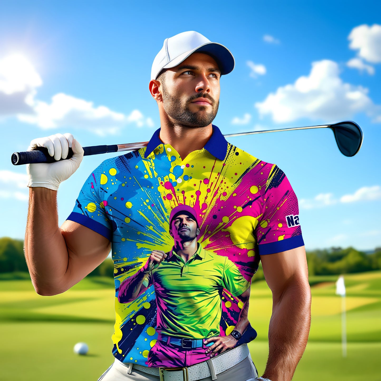 HomyGifts Men's Customized Face Artistic Golf Polo Shirt, Personalized Pop Art Golf Polo, Portrait Gift for Golfers Style 10