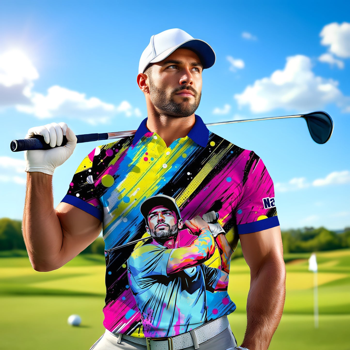 HomyGifts Men's Customized Face Artistic Golf Polo Shirt, Personalized Pop Art Golf Polo, Portrait Gift for Golfers Style 17