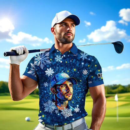 Custom Face Golf Polo Shirt – Personalized Christmas Golf Shirt for Him, Unique Holiday Gift for Golfer, Snowflake Design Golf Apparel Style 7