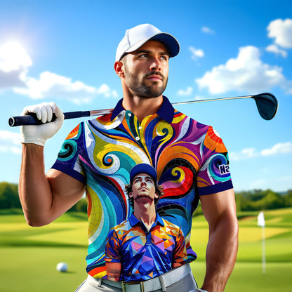 HomyGifts Men's Customized Face Artistic Golf Polo Shirt, Mosaic Art Style, Unique Personalized Golf Polo For Men Style 3