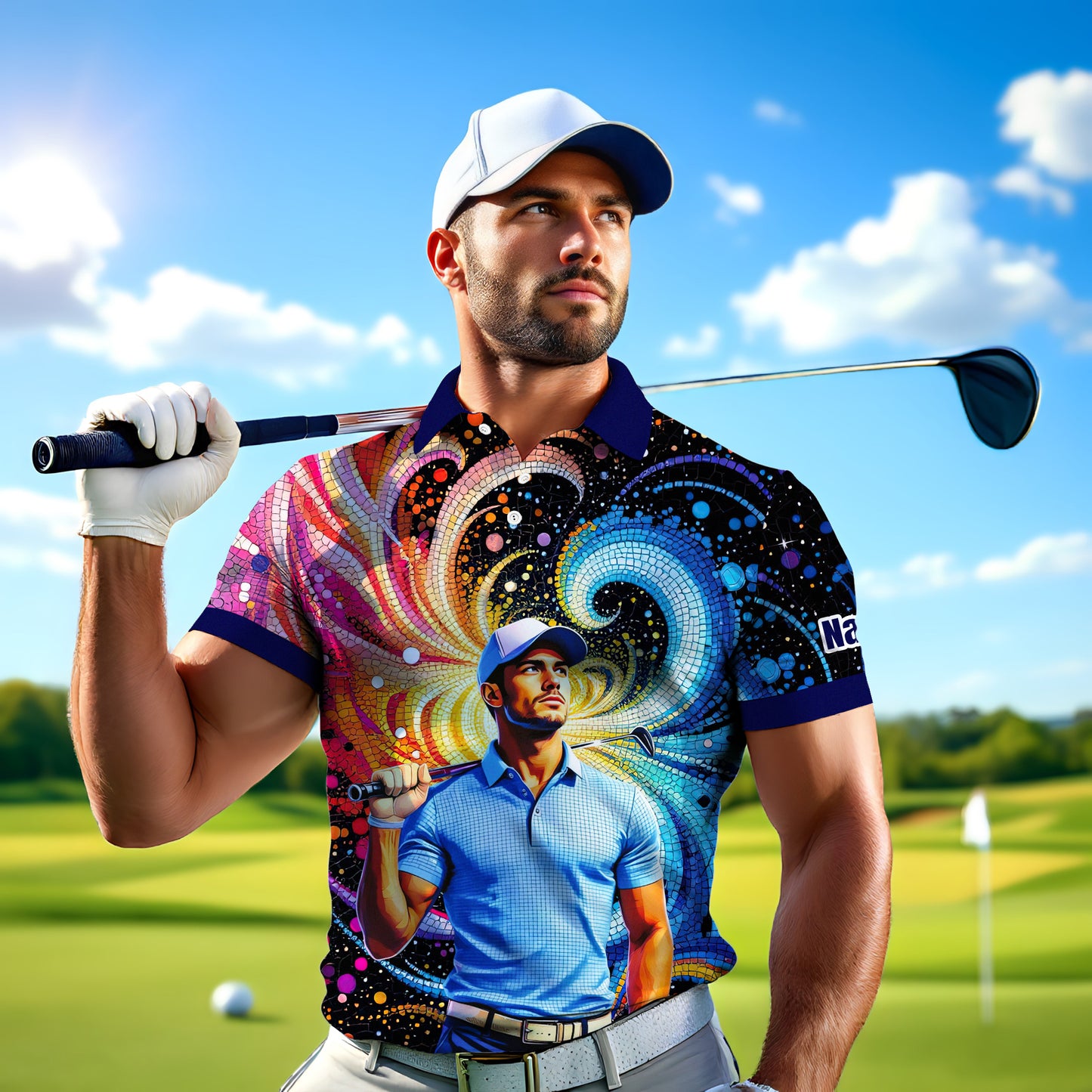 HomyGifts Men's Customized Face Artistic Golf Polo Shirt, Mosaic Art Style, Unique Personalized Golf Polo For Men