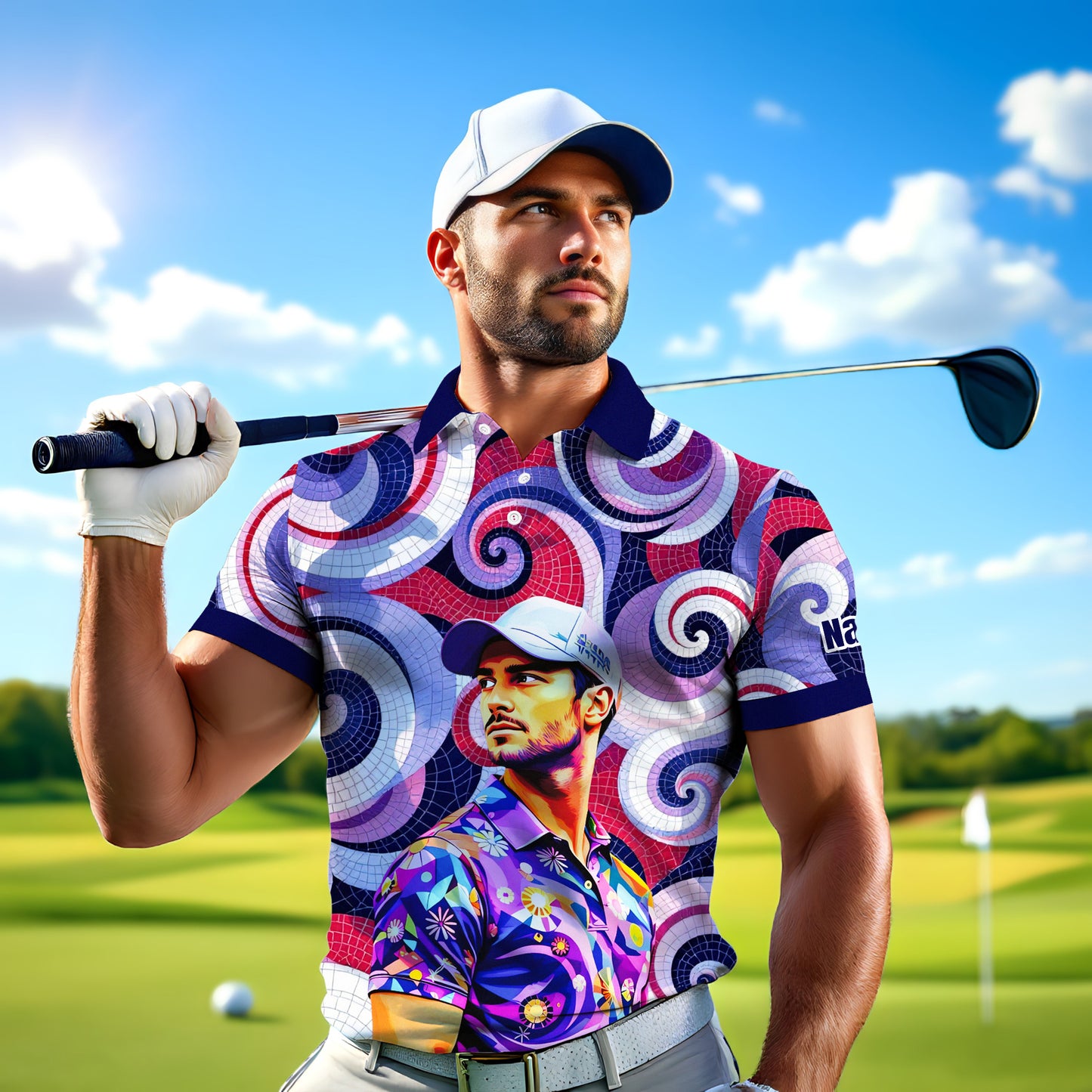 HomyGifts Men's Customized Face Artistic Golf Polo Shirt, Mosaic Art Style, Unique Personalized Golf Polo For Men Style 5