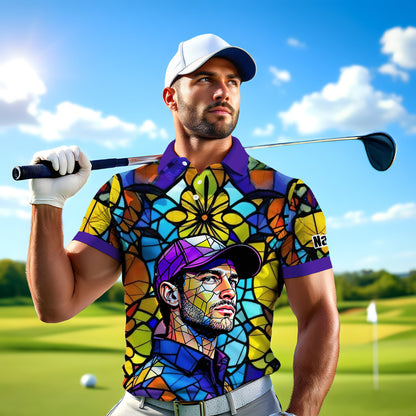 Custom Face Golf Polo Shirt – Personalized Stained Glass Art Shirt, Unique Golf Gift for Him, Colorful Abstract Golf Polo, Custom Sportswear