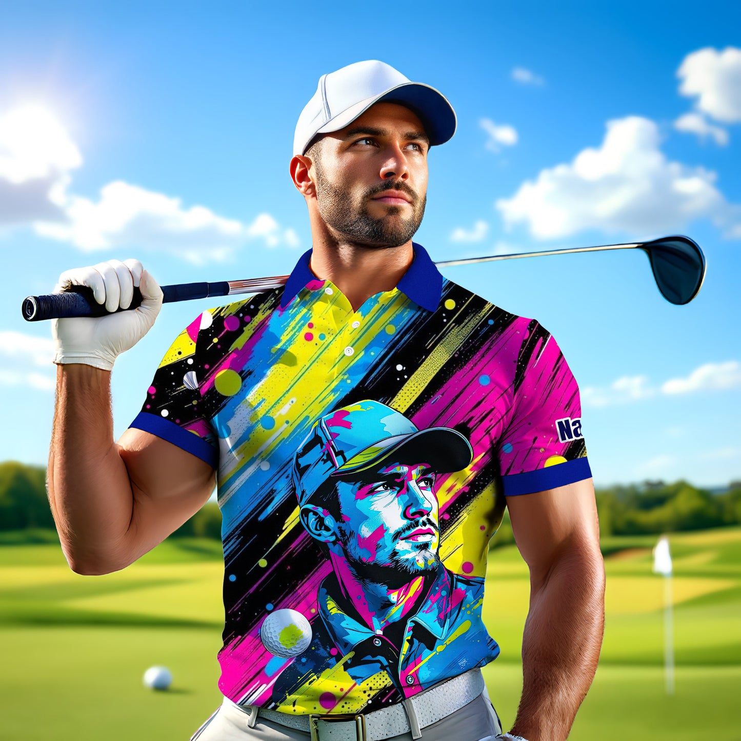 HomyGifts Men's Customized Face Artistic Golf Polo Shirt, Personalized Pop Art Golf Polo, Portrait Gift for Golfers Style 3