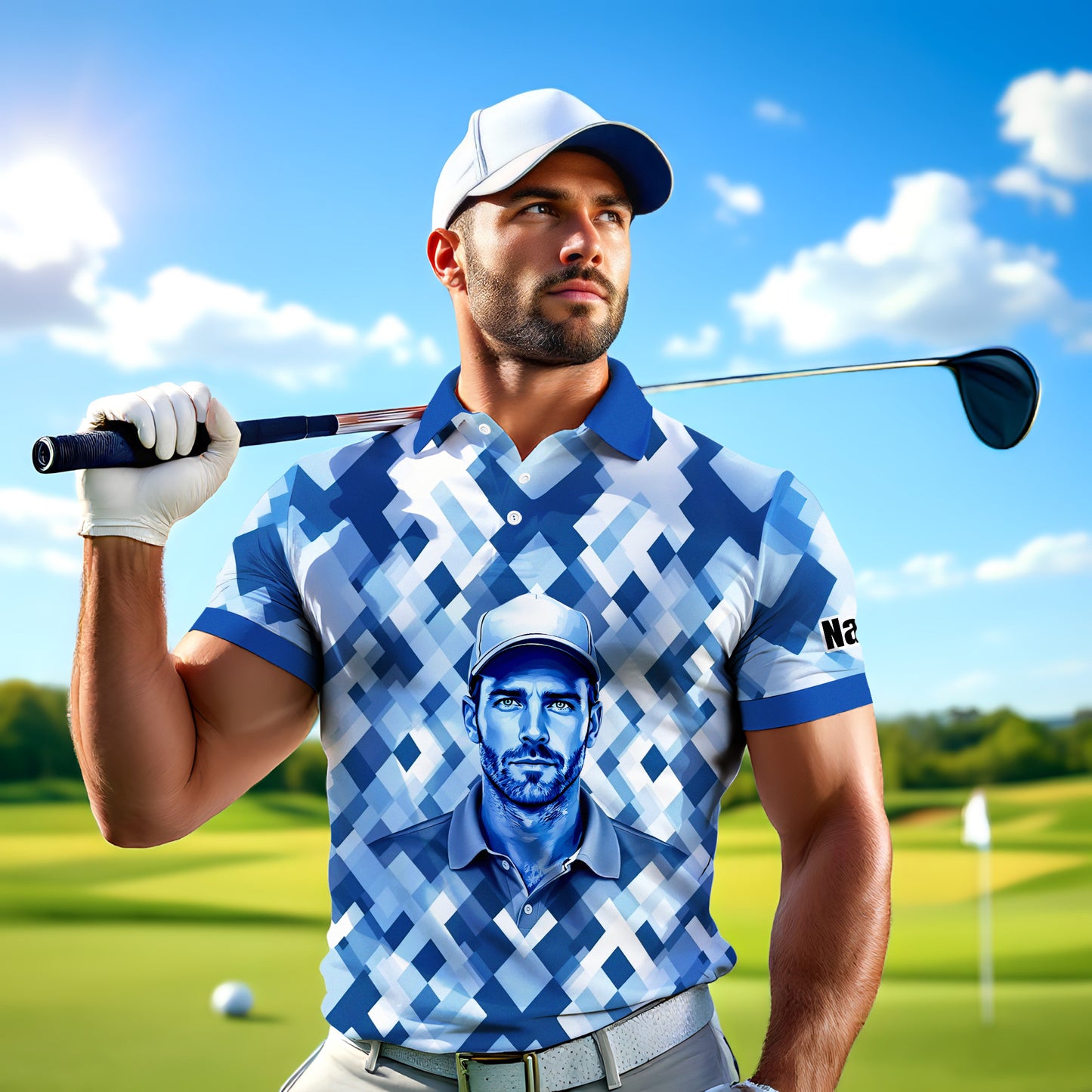 Custom Face Polo Shirt – Geometric Diamond Pattern | Personalized Photo Golf Polo | Unique Gift for Him, Retro Geometric Style Shirt Style 12