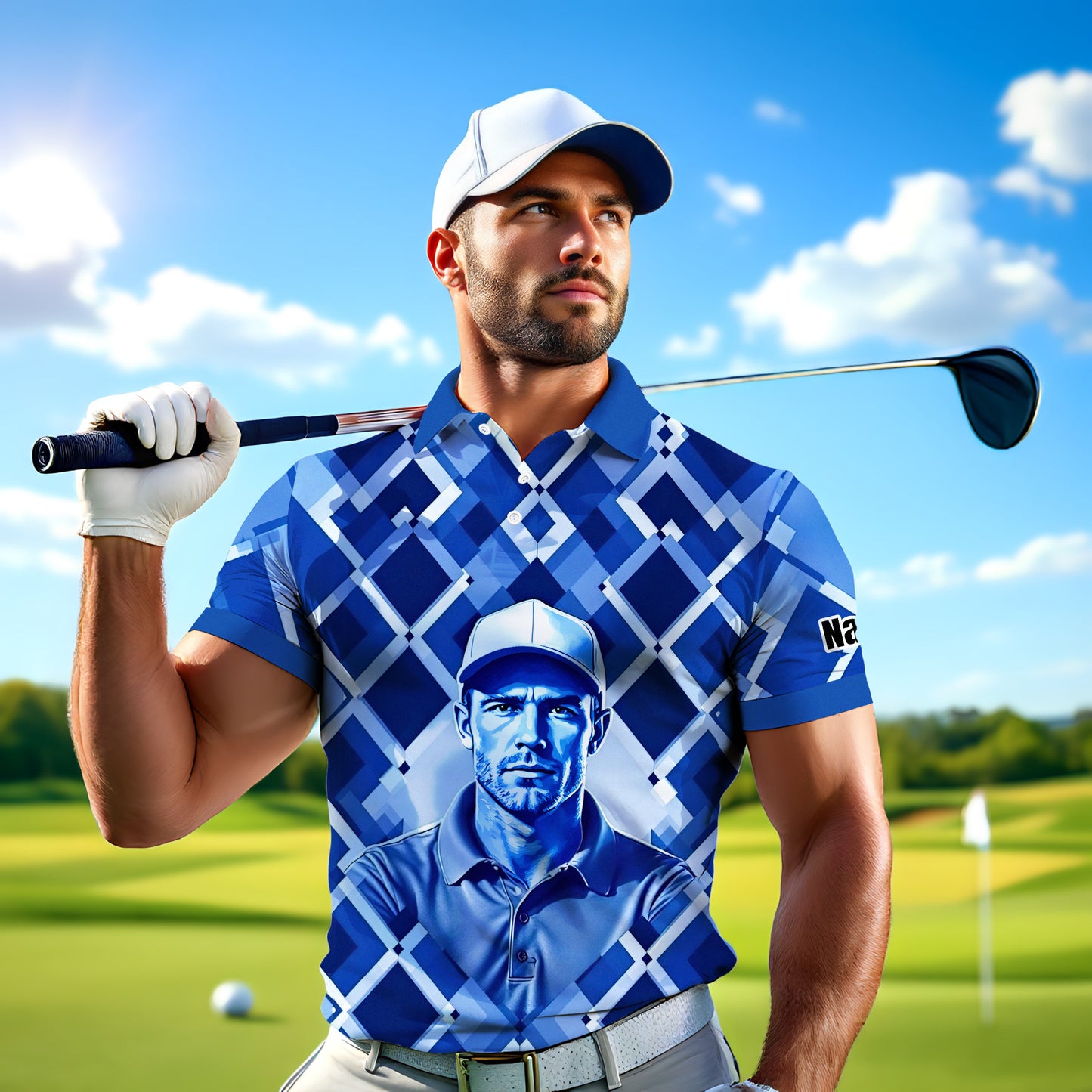 Custom Face Polo Shirt – Geometric Diamond Pattern | Personalized Photo Golf Polo | Unique Gift for Him, Retro Geometric Style Shirt Style 9