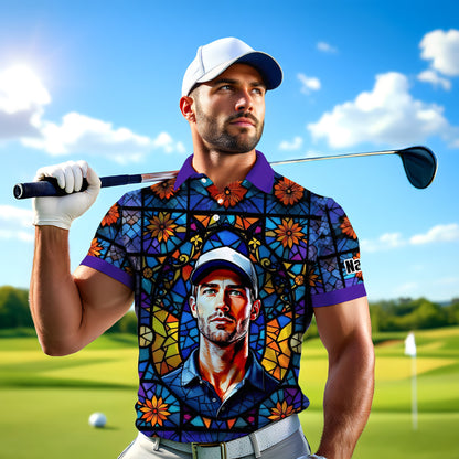 Custom Face Golf Polo Shirt – Personalized Stained Glass Art Shirt, Unique Golf Gift for Him, Colorful Abstract Golf Polo, Custom Sportswear