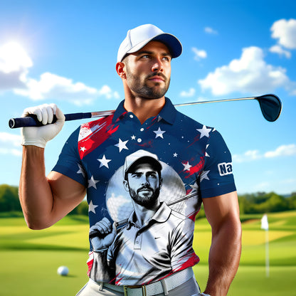 HomyGifts Men's Customized Face Artistic Golf Polo Shirt, Personalized American Flag Design, Unique Gift for Patriotic Golfers Style 25