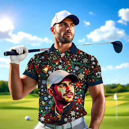 Personalized Christmas Golf Polo Shirt with Your Face – Custom Photo Holiday Shirt – Unique Mosaic Art Xmas Gift for Men, Custom Golf Apparel Style 6