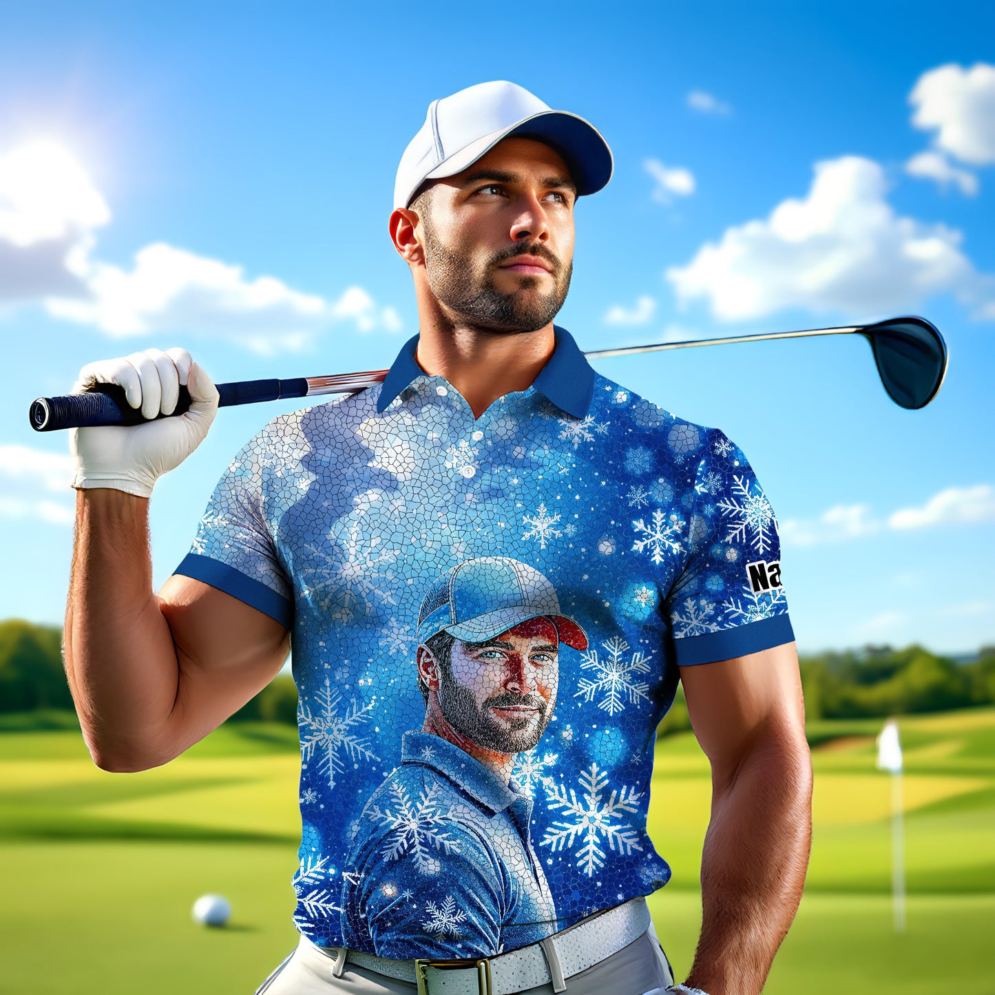 Custom Face Golf Polo Shirt – Personalized Christmas Golf Shirt for Him, Unique Holiday Gift for Golfer, Snowflake Design Golf Apparel Style 8