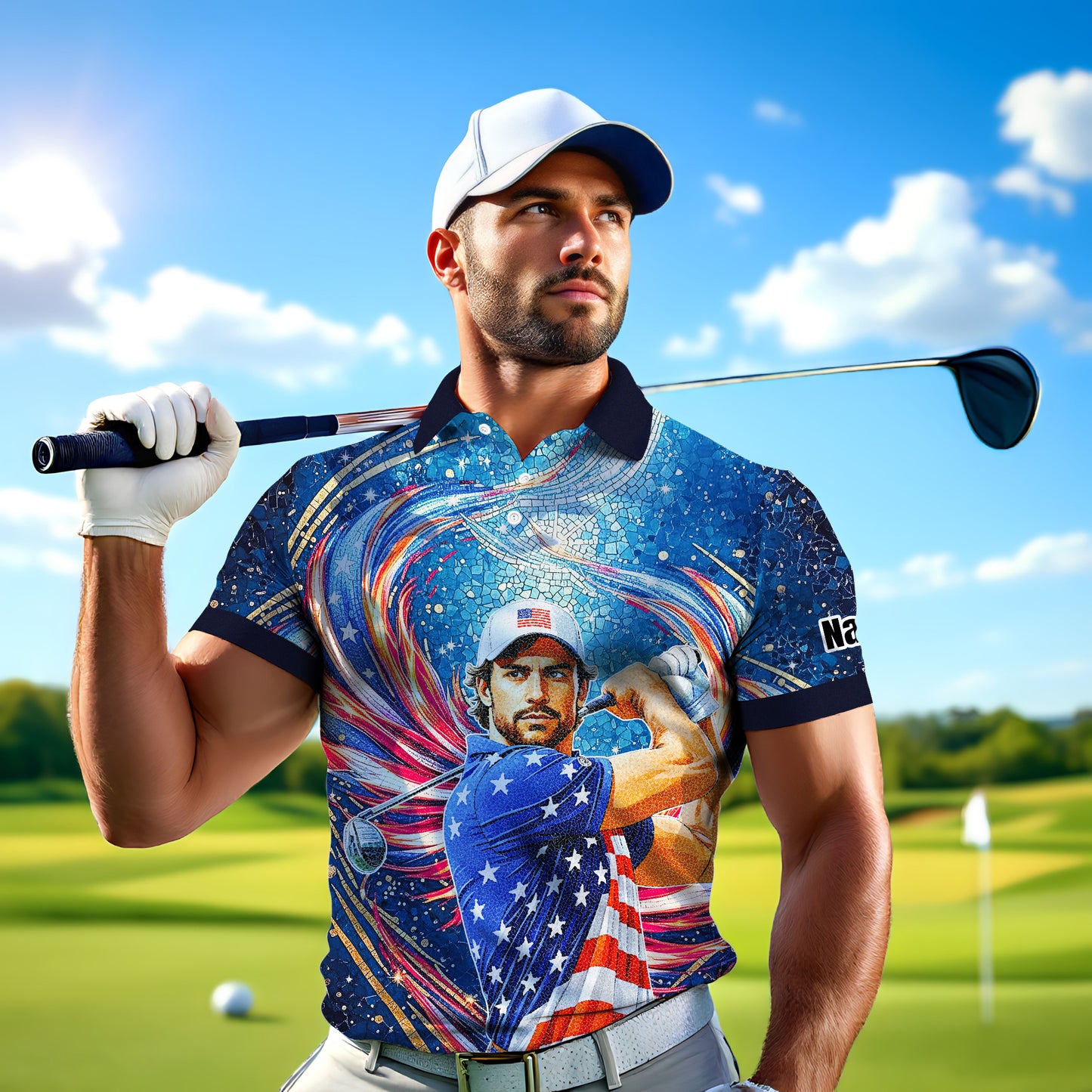 Custom Face Patriotic Golf Polo Shirt – Personalized USA Flag Design – American Pride Gift for Him – Mosaic Art Golf Shirt Style 8