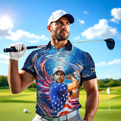 Custom Face Patriotic Golf Polo Shirt – Personalized USA Flag Design – American Pride Gift for Him – Mosaic Art Golf Shirt Style 8