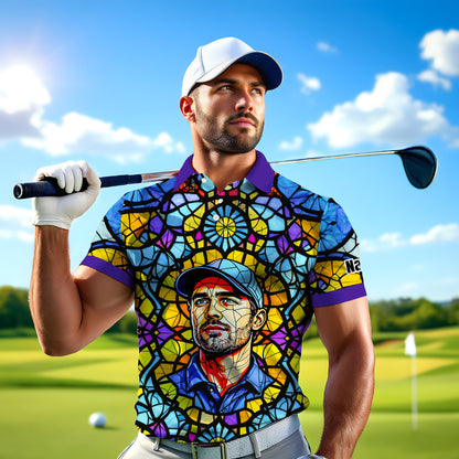 Custom Face Golf Polo Shirt – Personalized Stained Glass Art Shirt, Unique Golf Gift for Him, Colorful Abstract Golf Polo, Custom Sportswear