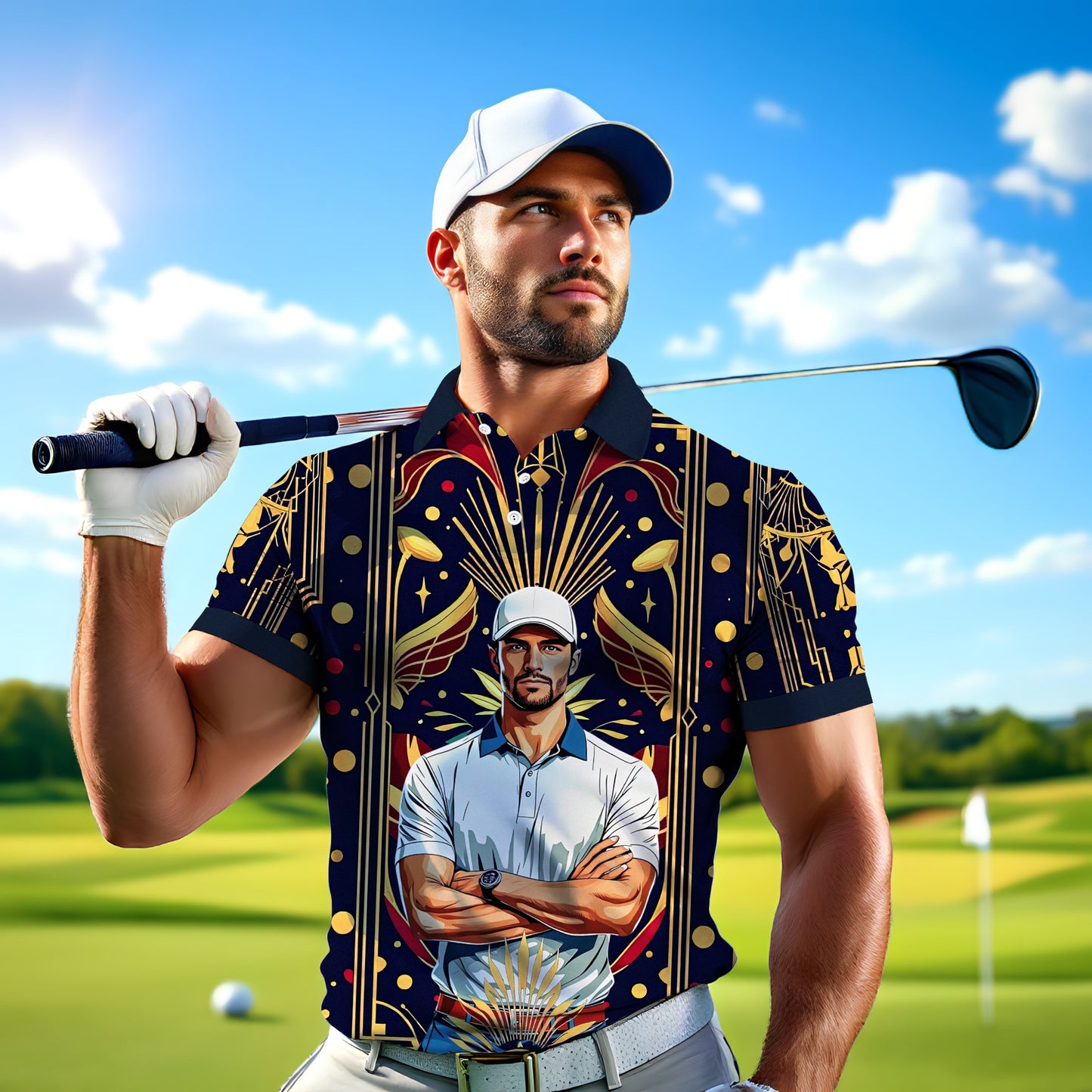 Custom Face Golf Polo Shirt – Swing in Gold Art Deco Revival Style | Personalized Golf Shirt for Men Style 4