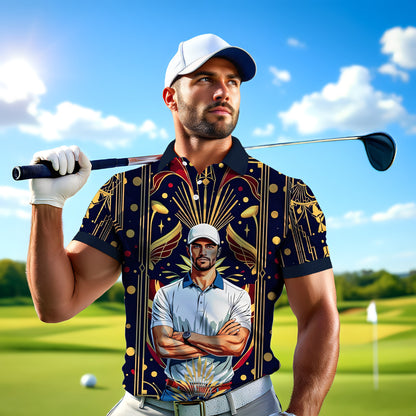 Custom Face Golf Polo Shirt – Swing in Gold Art Deco Revival Style | Personalized Golf Shirt for Men Style 4